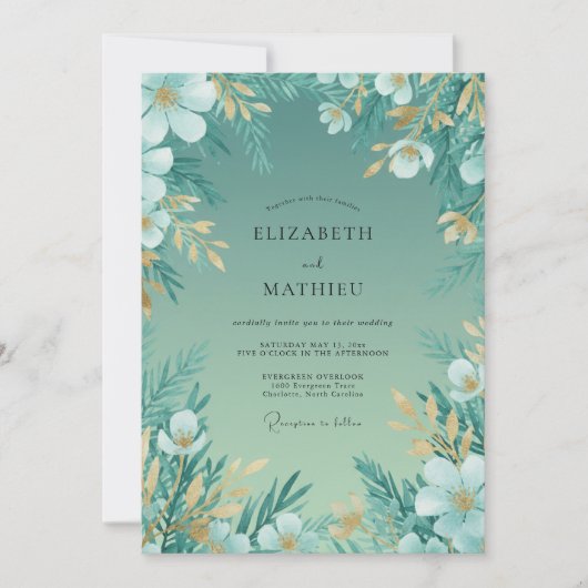 Invitation Mariage au feuillage sarcelle doré (Devant)