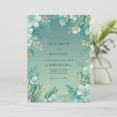 Invitation Mariage au feuillage sarcelle doré (Debout devant)