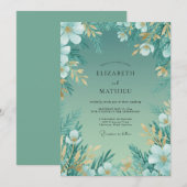 Invitation Mariage au feuillage sarcelle doré (Devant / Derrière)