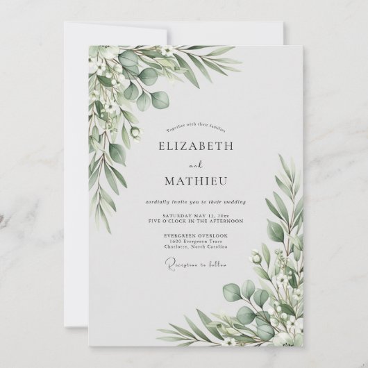 Invitation Mariage au feuillage vert sauge (Devant)