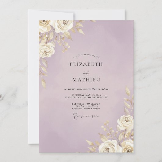 Invitation Mariage au Feuille d'Or Lilac (Devant)