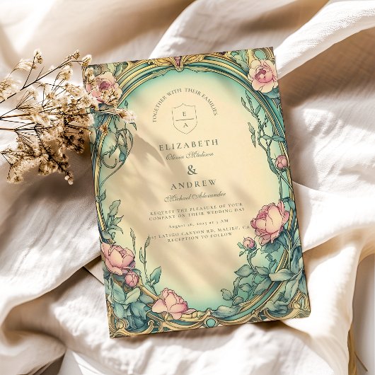 Invitation Mariage au jardin bleu rosé