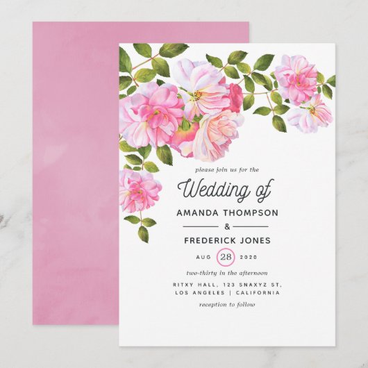 Invitation Mariage au jardin de roses roses (Devant / Derrière)