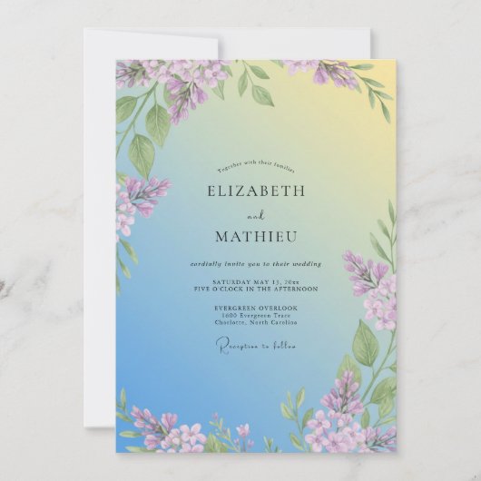Invitation Mariage au lilas eucalyptus jaune doux (Devant)
