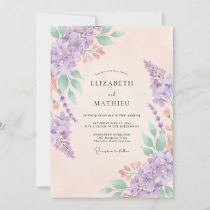 Invitation Mariage au lilas pêche hydrangea eucalyptus