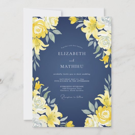 Invitation Mariage au Lys Jaune Navy (Devant)