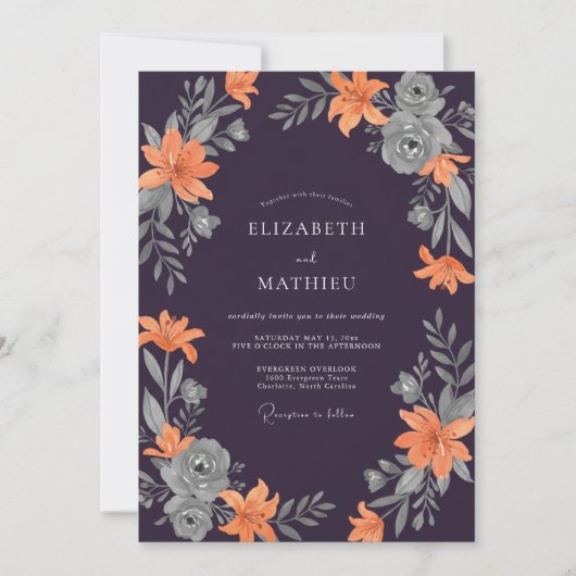 Invitation Mariage au Lys Orange Prune (Devant)