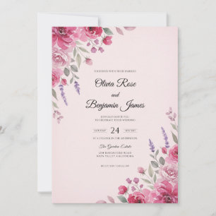 Invitation Mariage au Magenta et Eucalyptus à Fleur de Blush