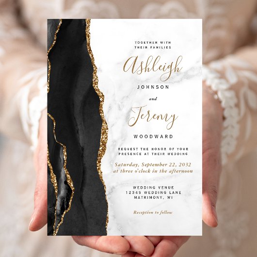 Invitation Mariage au marbre d'agate or noir