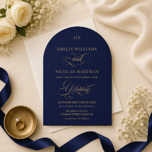 Invitation Mariage au Monogramme Bleu Royal et Or