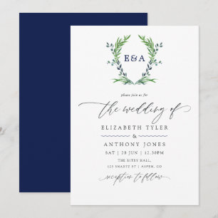 Invitation Mariage au monogramme de la crête bleu marine et b