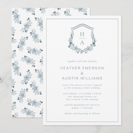 Invitation Mariage au monogramme floral bleu (Devant / Derrière)