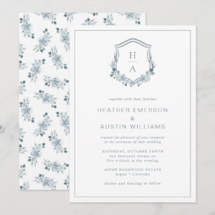 Invitation Mariage au monogramme floral bleu