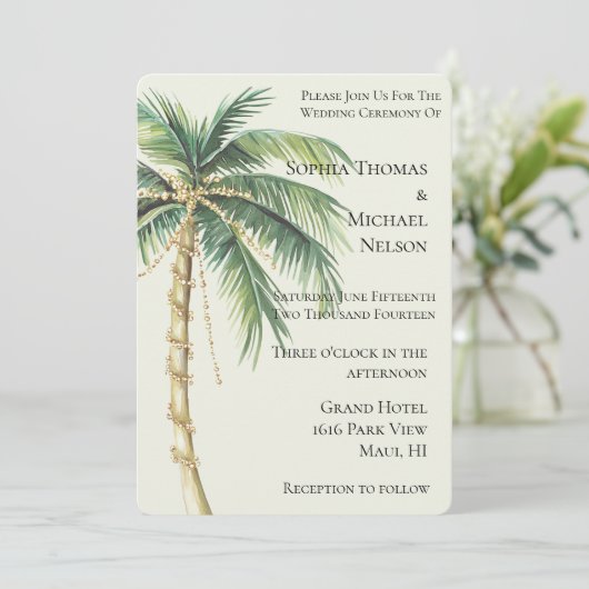 Invitation Mariage au palmier vert or tropical (Debout devant)
