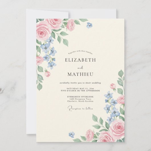 Invitation Mariage au pétale de blush bleuet (Devant)