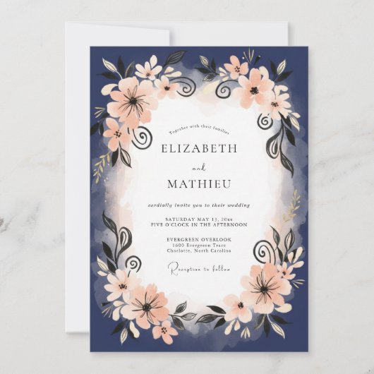 Invitation Mariage au pétale de pêche indigo (Devant)