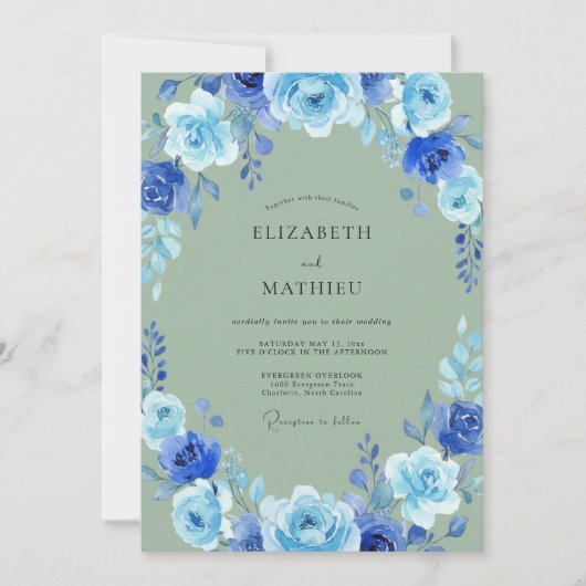 Invitation Mariage au pétale d'olive cobalt (Devant)