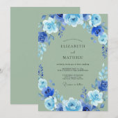 Invitation Mariage au pétale d'olive cobalt (Devant / Derrière)