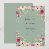 Invitation Mariage au Pétales de Pêche Céladon (Devant / Derrière)
