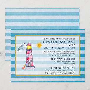 Invitation Mariage au phare aquarelle rayé rouge