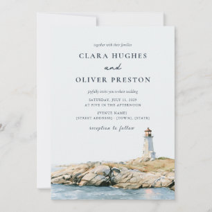 Invitation Mariage au phare de script bleu ardoise beige