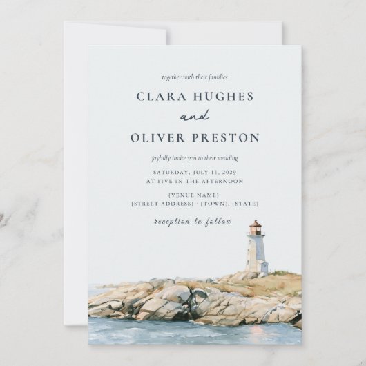 Invitation Mariage au phare de script bleu ardoise beige (Devant)