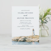 Invitation Mariage au phare de script bleu ardoise beige (Debout devant)
