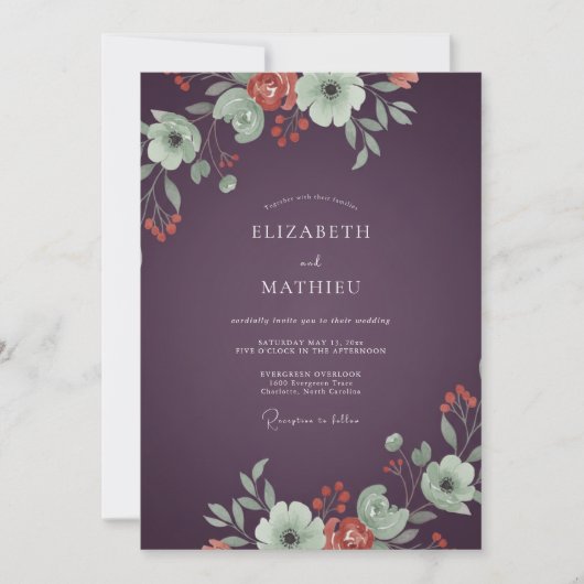 Invitation Mariage au Ranunculus Corail et Eucalyptus de Prun (Devant)