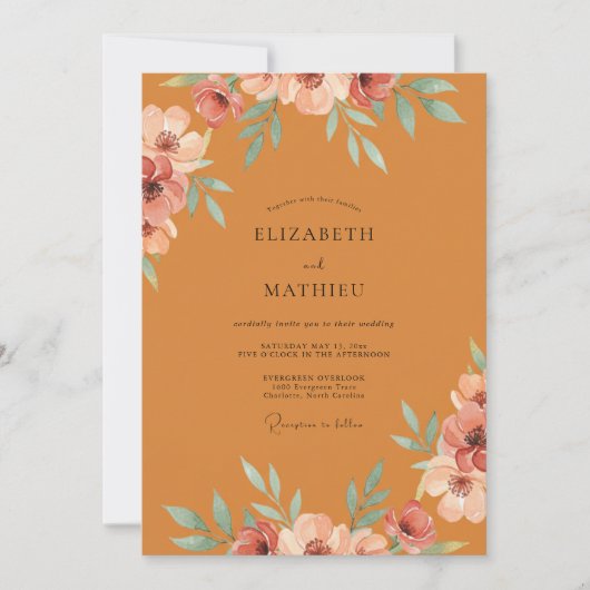 Invitation Mariage au Ranunculus Corail Ocre et Eucalyptus (Devant)