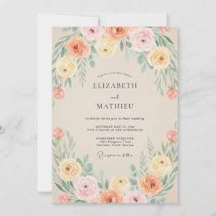 Invitation Mariage au Ranunculus Corail Pêche et Eucalyptus