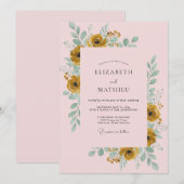 Invitation Mariage au Ranunculus Doré et Eucalyptus Rose (Devant / Derrière)