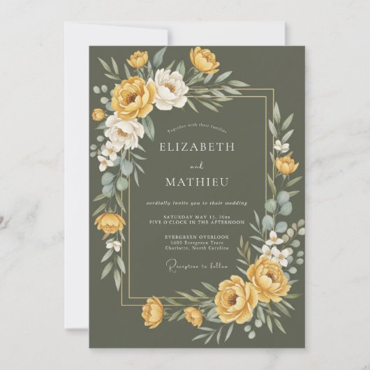 Invitation Mariage au Ranunculus Doré Moutarde et Eucalyptus (Devant)