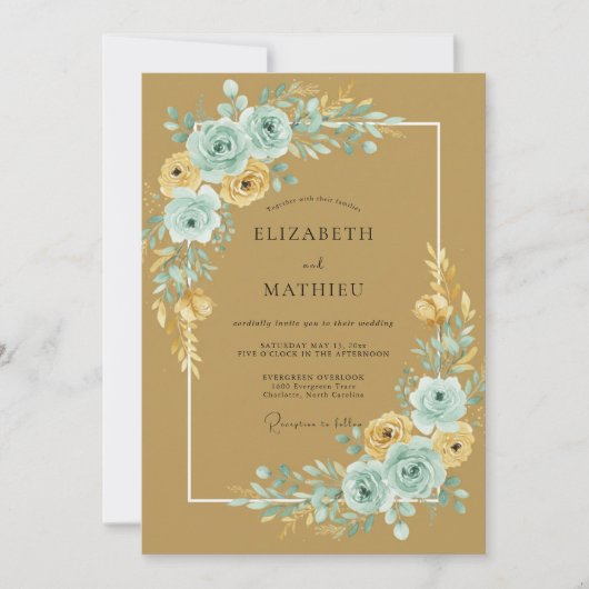 Invitation Mariage au Ranunculus Eucalyptus Aqua Doré (Devant)