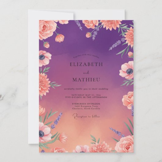 Invitation Mariage au Ranunculus Eucalyptus Pêche Pourpre (Devant)
