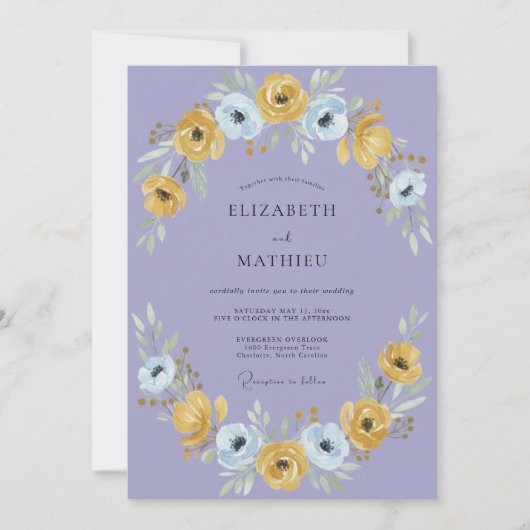 Invitation Mariage au Ranunculus Eucalyptus Pervenche Doré (Devant)