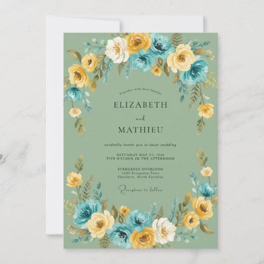 Invitation Mariage au Ranunculus Eucalyptus sarcelle et olive (Devant)