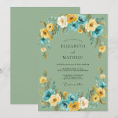 Invitation Mariage au Ranunculus Eucalyptus sarcelle et olive (Devant / Derrière)