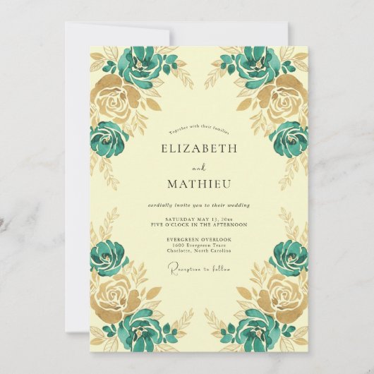 Invitation Mariage au Ranunculus Eucalyptus sarcelle et Or (Devant)