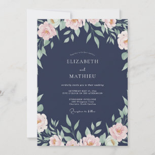 Invitation Mariage au Ranunculus pêche et Eucalyptus Navy