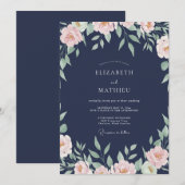 Invitation Mariage au Ranunculus pêche et Eucalyptus Navy (Devant / Derrière)