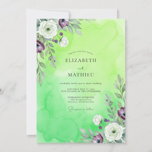 Invitation Mariage au Ranunculus Pourpre Chaux et Eucalyptus (Devant)