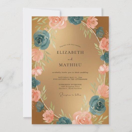 Invitation Mariage au Ranunculus sarcelle doré et Eucalyptus (Devant)