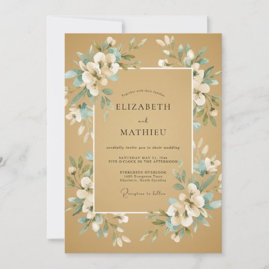 Invitation Mariage au Ranunculus sarcelle et Eucalyptus doré (Devant)