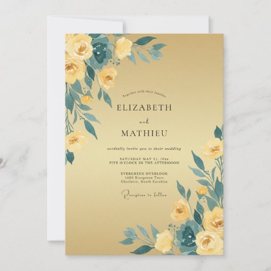 Invitation Mariage au Ranunculus sarcelle Moutarde et Eucalyp (Devant)