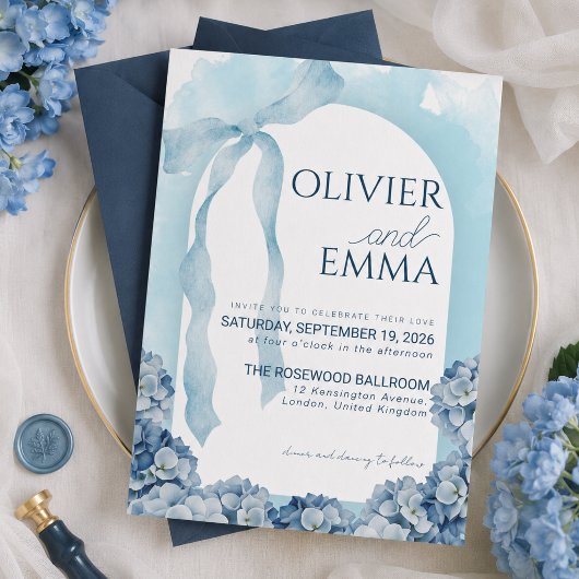 Invitation Mariage au Ruban d'Hydrangea Bleu Élégant