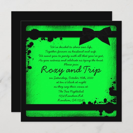 Invitation Mariage au ruban noir vert néon vert grunge invite (Devant / Derrière)