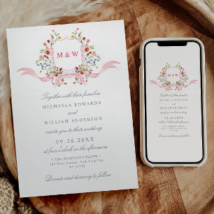 Invitation Mariage au style botanique aquarelle Régence rose 