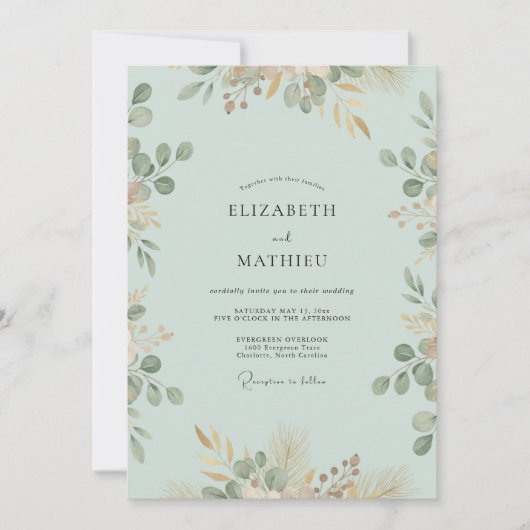 Invitation Mariage au thème Eucalyptus Pêche et Mousse de Mer (Devant)