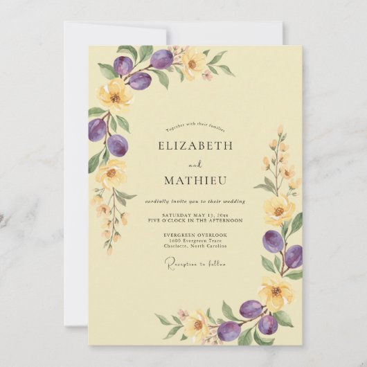 Invitation Mariage au thème olive eucalyptus jaune pâle (Devant)