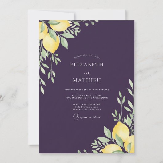 Invitation Mariage au thème Prune Citron Eucalyptus (Devant)